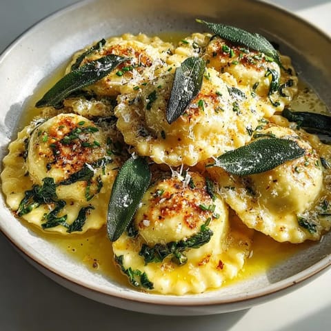 Close-up of spinach and ricotta handmade ravioli, showcasing the pasta with a creamy filling and golden sauce.
