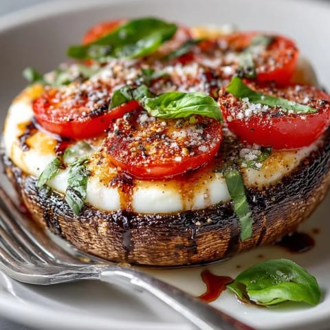 A close-up shot showcases the savory Caprese Stuffed Portobello Mushrooms, baked to juicy perfection, with balsamic glaze.