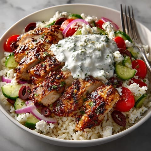 Tender, marinated chicken slices sit atop herbed rice; a delicious Greek Chicken Bowl with creamy tzatziki.