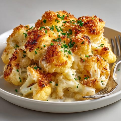 A close-up view of creamy Cauliflower Mac and Cheese, showcasing its cheesy, inviting texture.