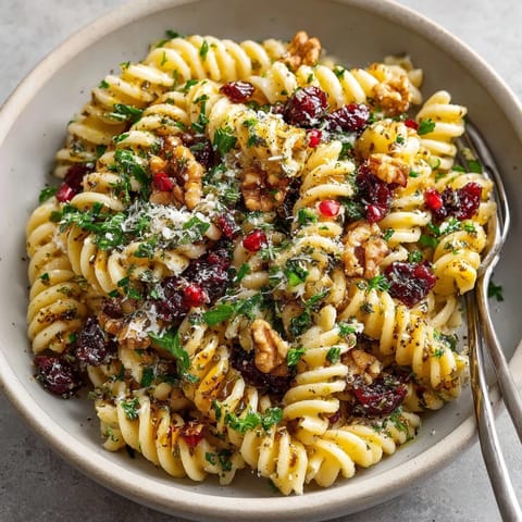 A close-up shot showcases the Cranberry Goat Cheese Pasta, a vegetarian delight with fresh parsley.