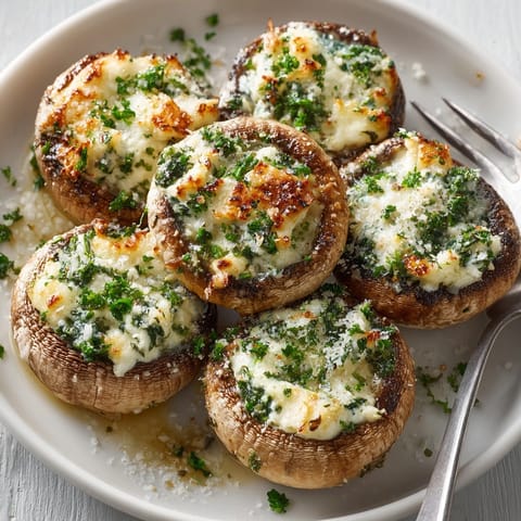 Close-up of stuffed cheese mushroom caps, garnished with fresh herbs, ready to serve as appetizers.