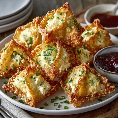 Crispy Crab Rangoon wontons fresh from the fryer, ready for dipping in sweet sauce.