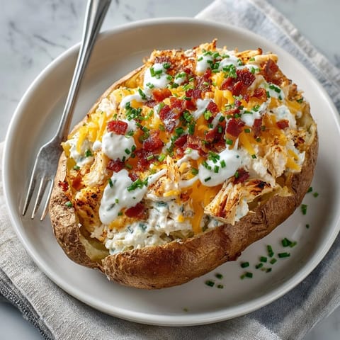Cheesy crack chicken stuffed baked potatoes on a baking sheet with fresh chives and ranch drizzle.