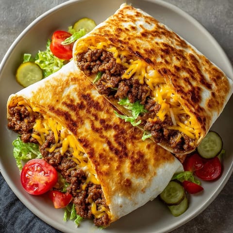 Hot, golden-brown grilled cheeseburger wraps stacked on a plate, ready for dipping and serving.