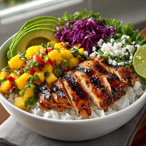 Colorful Mango Jalape&ntilde;o Chicken Bowl featuring tender chicken, creamy avocado, a spicy kick.
