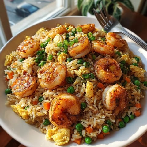A close-up shows pan of Shrimp Fried Garlic Rice ready to serve.