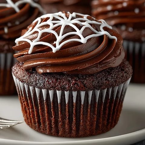 Homemade spider web cupcakes: decadent chocolate frosting cloaked in a spooky, sweet marshmallow design.