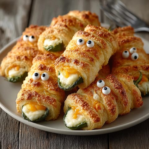 Baked Mummy Jalape&amp;ntilde;o Poppers with melted cheese eyes on a parchment lined baking sheet.
