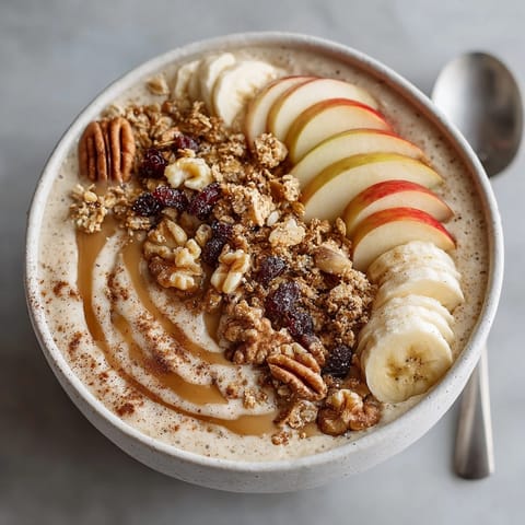 A close-up of a creamy Apple Pie Smoothie Bowl: sliced apples and chopped walnuts.
