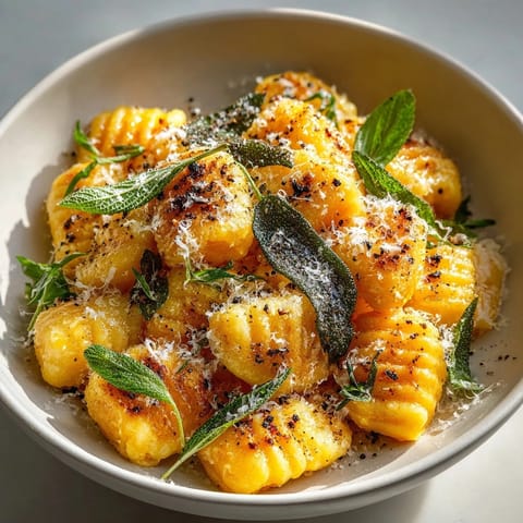 Golden Sweet Potato Gnocchi, pan-fried until lightly crisp, topped with fresh Parmesan.