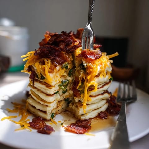 Savory-sweet Cheddar Jalapeño Chaos Cake pancake stacks garnished with fresh jalapeño rings.  