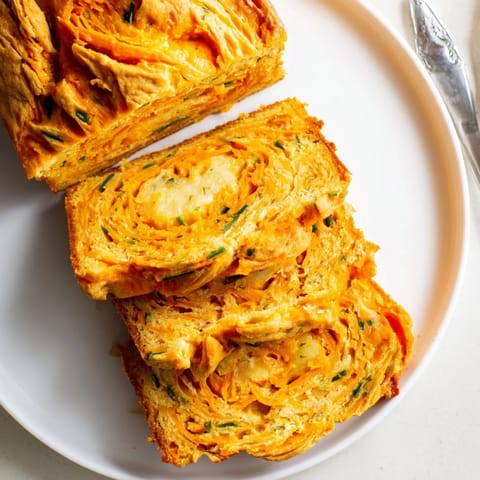 Enjoy a slice of Flaky Sweet Potato Cheddar Muffin Loaf with butter, bursting with cheese flavor.  