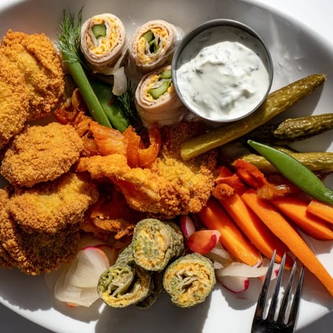 A vibrant platter of Pickle Lovers Meal featuring tangy fried pickles and dips.  