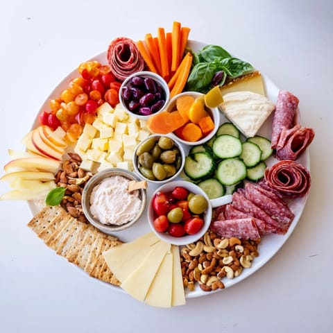 Delightful Girl Dinner Platter featuring brie, grapes, nuts, and vibrant veggies.  