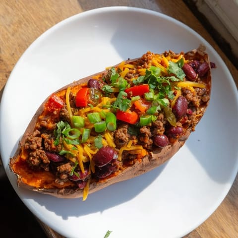 A close-up shot of baked sweet potatoes stuffed with rich, savory chili and melting cheese.