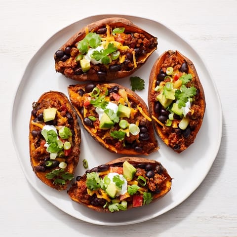 A close-up of a fully loaded Savory Baked Sweet Potato Chili Boat, overflowing with beans and toppings.