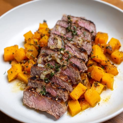 Flavorful American Butternut Squash & Garlic Herb Steak Bowls, featuring juicy steak and golden butternut squash.