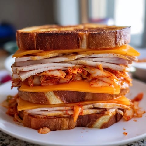 Golden, toasted Kimchi Turkey & Cheddar grilled cheese with bubbly cheese and savory turkey, ready to slice.