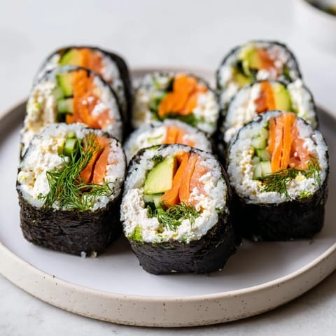 Close-up of a High-Protein Sushi Wrap Smoked Salmon Holiday Roll, showing layers of salmon and veggies.