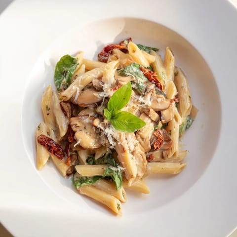 Sizzling, golden mushrooms and penne pasta bathed in a creamy sauce: the Creamy Sun-Dried Tomato version.