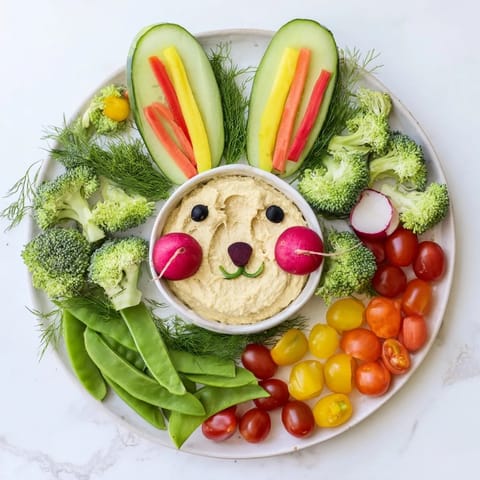 A whimsical Bunny Meadow Veggie Board showcases vibrant carrots, tomatoes, and broccoli surrounding creamy dip.