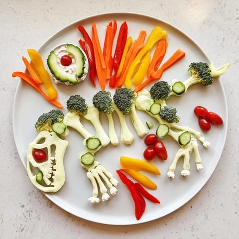 Vibrant Dino-Mite Dinosaur Fossil Crudités: a colorful veggie platter with a central bowl of creamy dip.