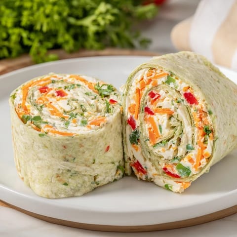 Vibrant Cozy Scarf Holiday Pinwheel Wraps, filled with fresh vegetables, perfect for a visually appealing party snack.