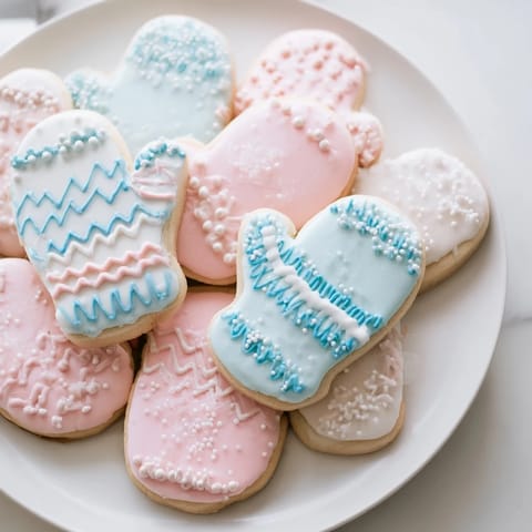 A warm and toasty mitten cookie display, offering frosted mitten cookies perfect for a winter treat.