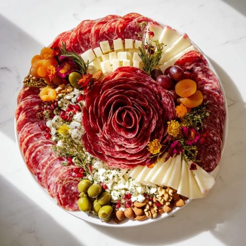 Elegant close-up of a festive charcuterie board; meat roses nestled among grapes and cheeses.