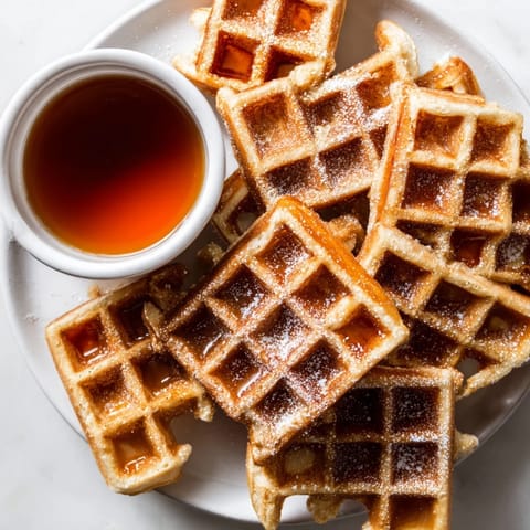 Crispy waffle quarters perfect for dipping in warm syrup, ready for a delightful brunch.