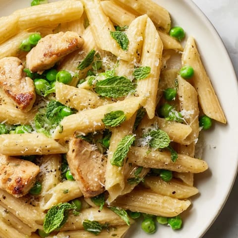 Overhead view of Pea & Mint Chicken Pasta in a white bowl, showing penne pasta tossed with peas, chicken, herbs, and a zesty lemon parmesan sauce.