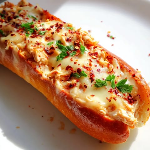 Golden, melted cheese and a rich marinara chicken filling spill from this hearty Chicken Parm Stuffed Garlic Bread on a serving board.