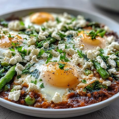 Spring vegetable Pea and Broad Bean Shakshuka features green asparagus, peas, and broad beans in a spicy tomato stew.