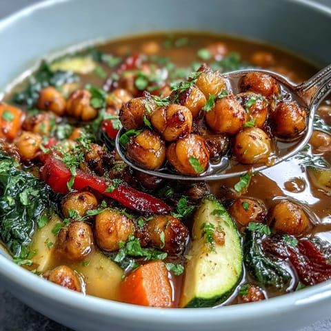 This hearty Spiced Chickpea and Vegetable Soup simmers with colorful vegetables in a golden, aromatic broth.
