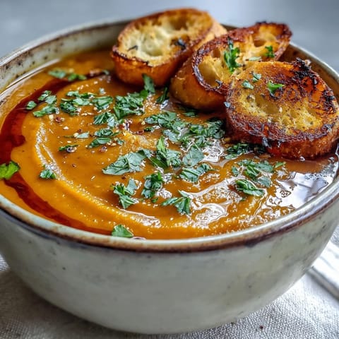 Creamy roasted vegetable soup in a rustic bowl, topped with parsley and crunchy toasted seeds.