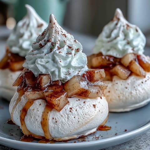 Eight Mini Hot Toddy Pavlovas with crisp meringue nests, topped with creamy whipped cream and spiced poached pears.