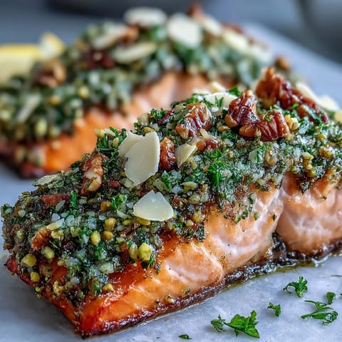 Golden-brown Confit Salmon With Tahini, Pistachio and Herb Crust fillets plated with fresh lemon wedges and vibrant herbs.
