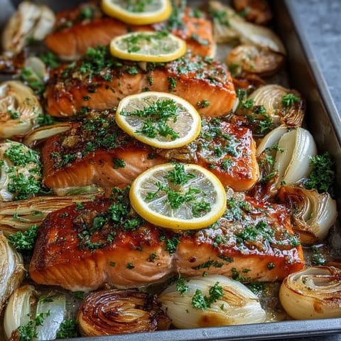 Flaky, perfectly cooked One-Pan Roast Salmon served over caramelized vegetables, garnished with fresh herbs and lemon slices on a rustic plate.