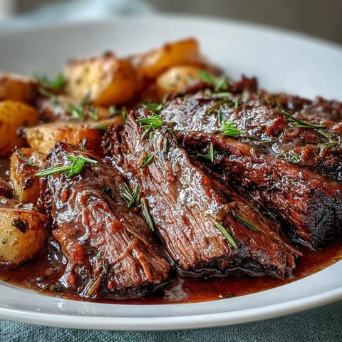Golden carrots and baby potatoes surround a juicy slice of beef pot roast, served on a rustic platter.