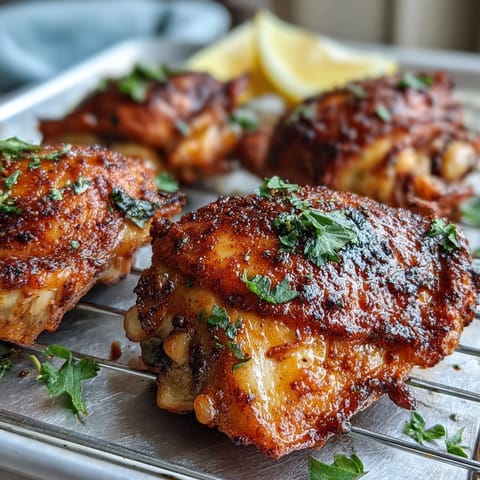 Freshly baked Crispy Baked Bone-In Chicken Thighs offer succulent dark meat, smoky spice aroma, and a lemon garnish.