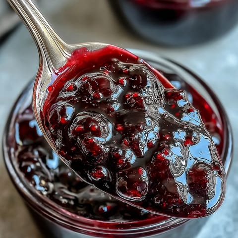 Glossy, deep purple Black Currant Syrup is gently poured from a glass bottle into a silver spoon.