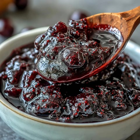 Thick, glossy homemade black currant jam being spooned from a jar onto toast with butter melting.