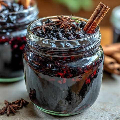 Homemade Spiced Blackcurrant Vodka Liqueur infuses deep purple berries and warm spices in a glass jar.