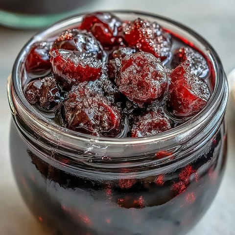 A jar of homemade Easy Blackcurrant Liqueur with dark purple berries steeping in golden rum and sugar.