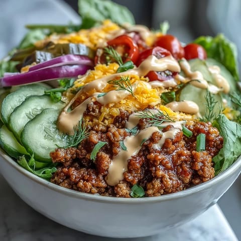 Savory High-Protein Cheeseburger Bowls topped with juicy tomatoes and onions, served low-carb with a rich, homemade burger-style sauce.