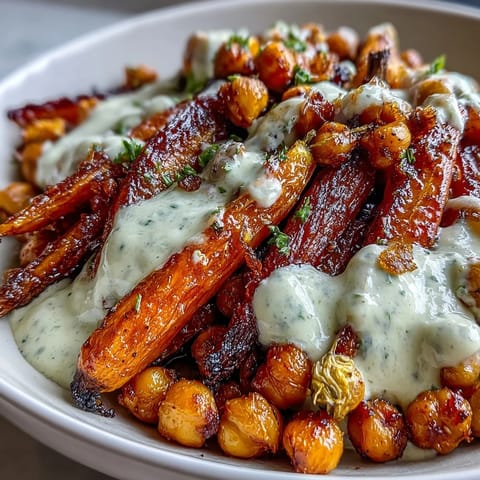 A close-up of One-Pan Roasted Carrot and Chickpea Bowl with caramelized vegetables and fresh parsley garnish over a bed of quinoa.