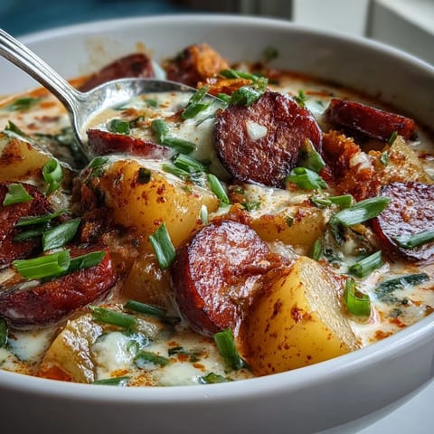 A hearty bowl of Creamy Cajun Potato Soup with Andouille Sausage, topped with fresh green onions.