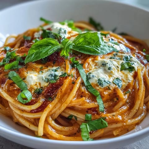 Overhead view of Creamy Red Pepper Pasta with Burrata & Herbs, garnished with fresh basil and cracked black pepper, ready to serve for a cozy vegetarian dinner.