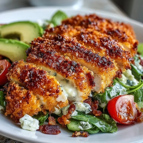 Freshly baked Parmesan Crusted Chicken Cobb Salad topped with blue cheese crumbles and a drizzle of dressing.